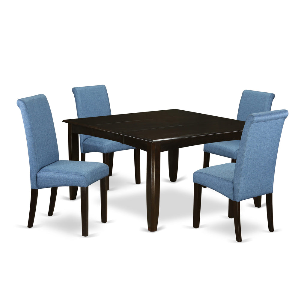 PFBA5-2MO-NG Elegant 5-Piece Dining Set with Square Extendable Table and Blue Linen Chairs, 54 Cappuccino Finish