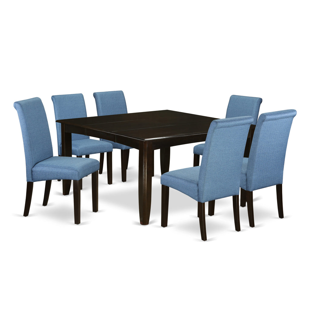 Butterfly Dining Ensemble PFBA7-J8F-IL Table & 6 Blue Upholstered Chairs, Square, 54 Inches, Cappuccino