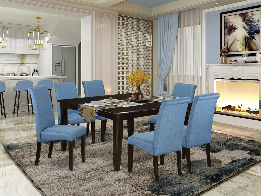 Butterfly Dining Ensemble PFBA7-J8F-IL Table & 6 Blue Upholstered Chairs, Square, 54 Inches, Cappuccino