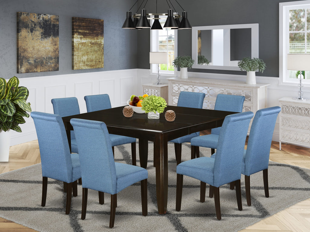 PFBA9-N0W-NC 9-Piece Dining Ensemble Square Table with Expandable Feature & 8 Blue Upholstered Chairs, 54 Cappuccino Finish