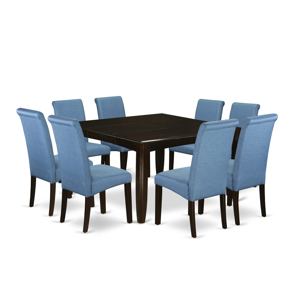 PFBA9-N0W-NC 9-Piece Dining Ensemble Square Table with Expandable Feature & 8 Blue Upholstered Chairs, 54 Cappuccino Finish