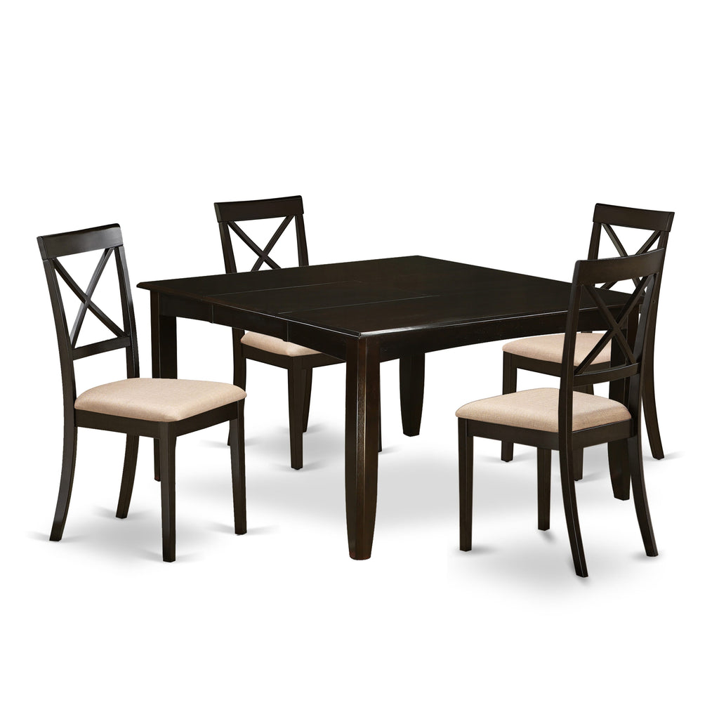 PFBO5-U6O-N 5-Piece Butterfly Leaf Dining Set Square Table & 4 Upholstered Chairs for Cozy Meals, 54 Square, Cappuccino Finish