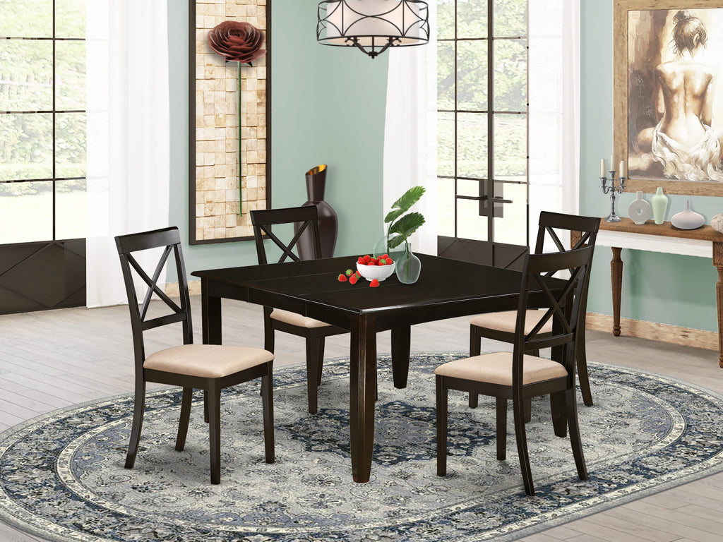 PFBO5-U6O-N 5-Piece Butterfly Leaf Dining Set Square Table & 4 Upholstered Chairs for Cozy Meals, 54 Square, Cappuccino Finish