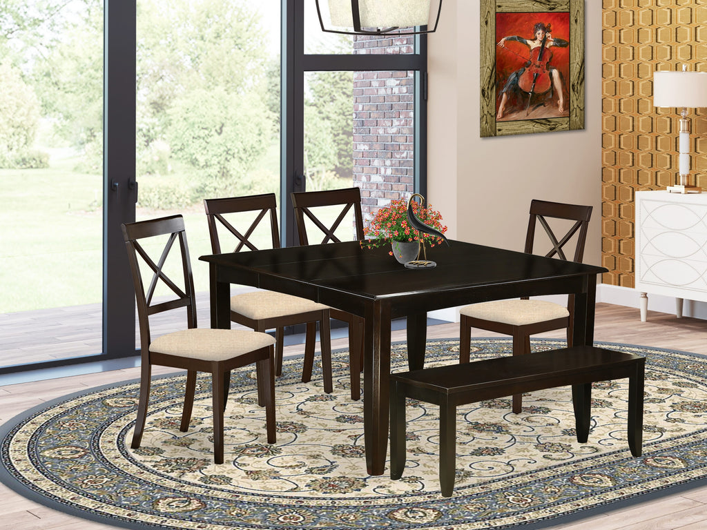 PFBO6-03L-T 6 Piece Dining Ensemble with Square Extendable Table, Seating for Six in Fabric, Cappuccino Finish