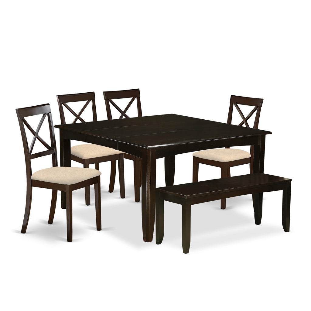 PFBO6-03L-T 6 Piece Dining Ensemble with Square Extendable Table, Seating for Six in Fabric, Cappuccino Finish
