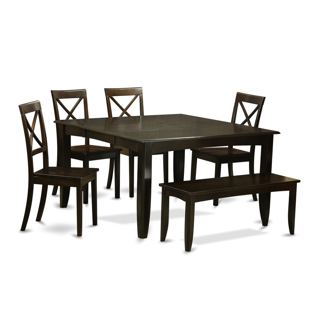 PFBO6-B06-J 6-Piece Dining Ensemble with Extendable Square Table, 4 Seats & Bench in Rich Cappuccino