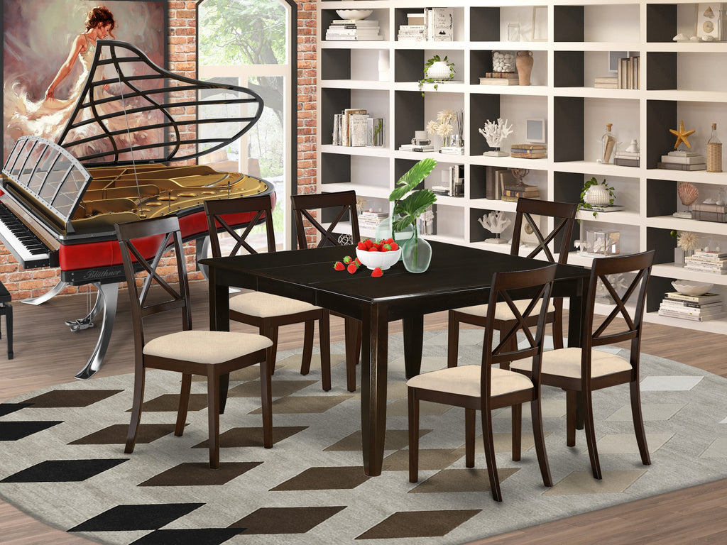 PFBO7-LHW-U 7-Piece Dining Ensemble with Square Extension Table & 6 Upholstered Chairs, Rich Dark Finish