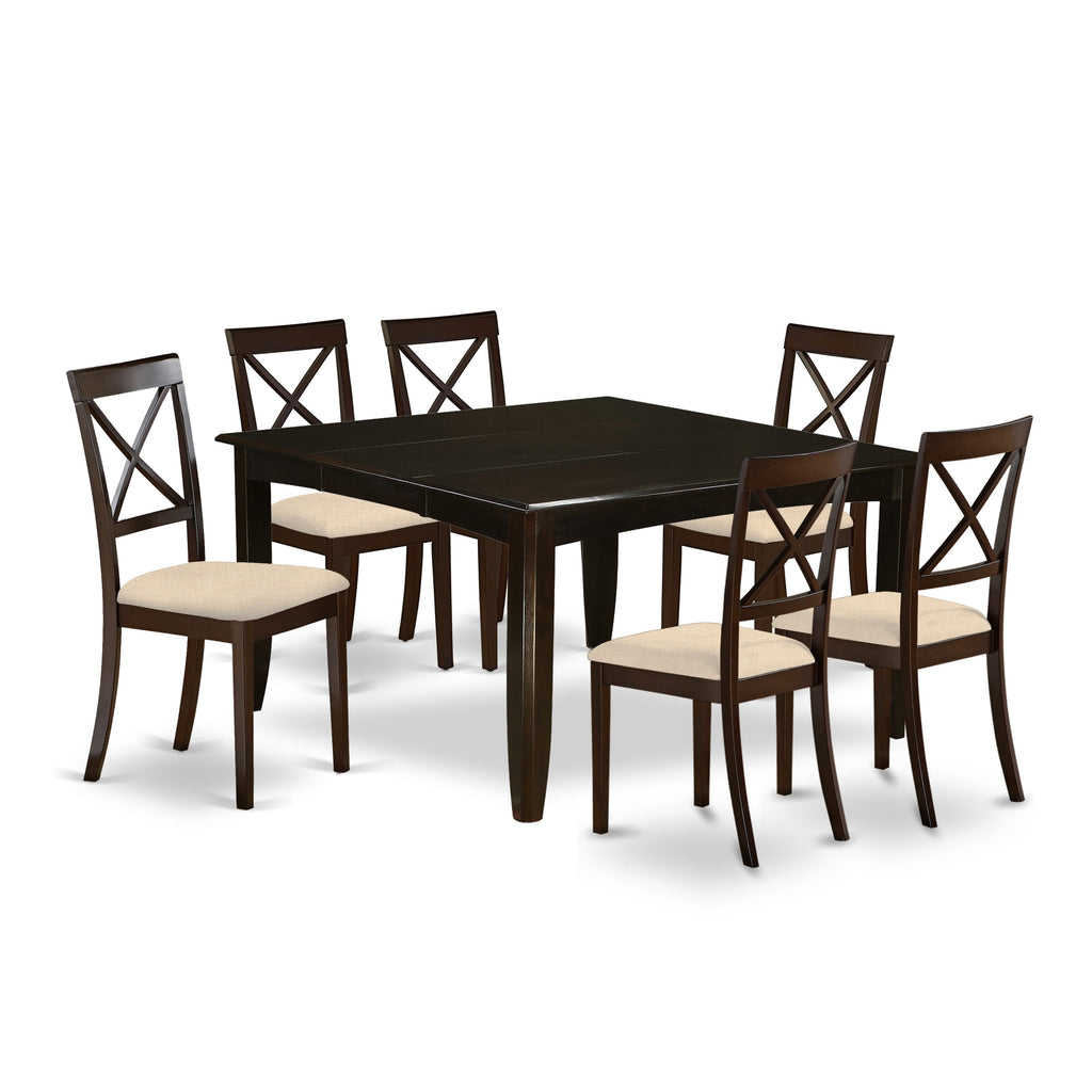 PFBO7-LHW-U 7-Piece Dining Ensemble with Square Extension Table & 6 Upholstered Chairs, Rich Dark Finish