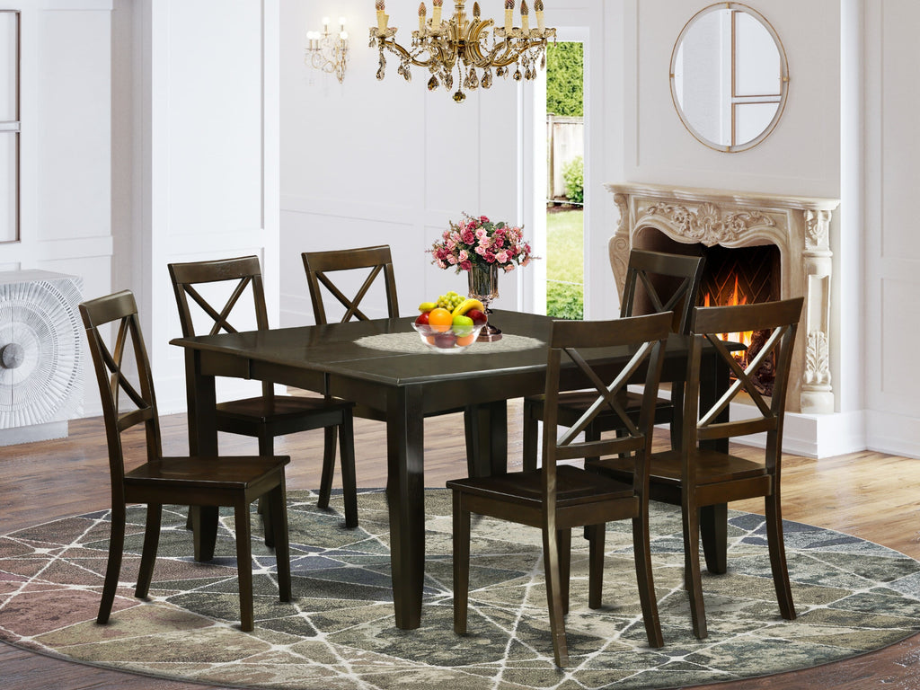 PFBO7-5EY-1 Elegant 7-Piece Dinette Ensemble with Expanding Butterfly Table and Six Chairs, Rich Cappuccino Finish