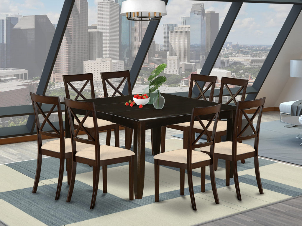 PFBO9-K9K-J 9-Piece Set with Expanding Square Table + 8 Upholstered Seats, 54x54, Rich Cappuccino Finish