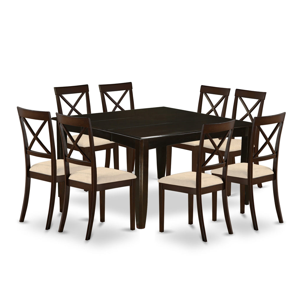 PFBO9-K9K-J 9-Piece Set with Expanding Square Table + 8 Upholstered Seats, 54x54, Rich Cappuccino Finish