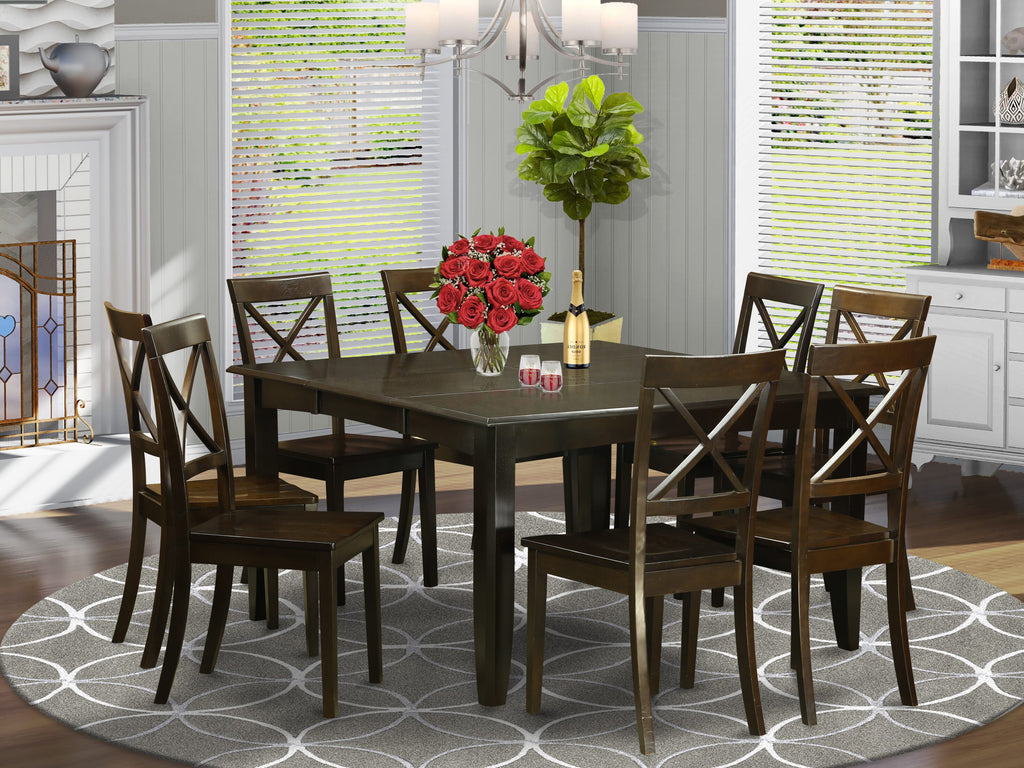 PFBO9-CWE-7 9-Piece Wooden Dining Ensemble featuring Expanding Square Table & Eight Chairs, Warm Cappuccino Finish