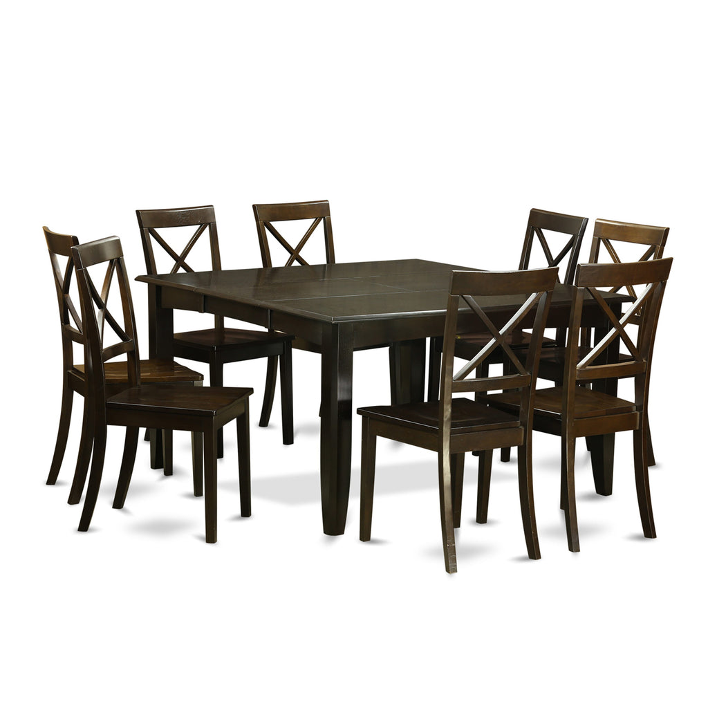 PFBO9-CWE-7 9-Piece Wooden Dining Ensemble featuring Expanding Square Table & Eight Chairs, Warm Cappuccino Finish