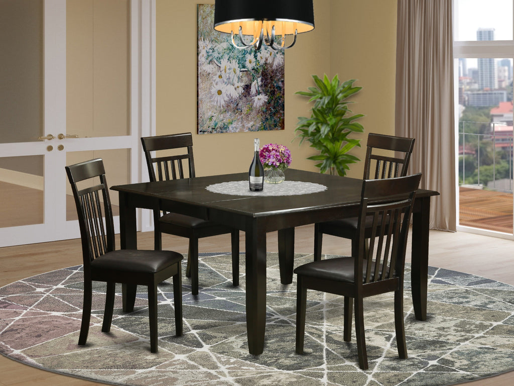 PFCA5-FK1-0C 5-Piece Square Dining Ensemble with Table That Expands and Seating with Faux Leather, 54x54 in a Warm Cappuccino