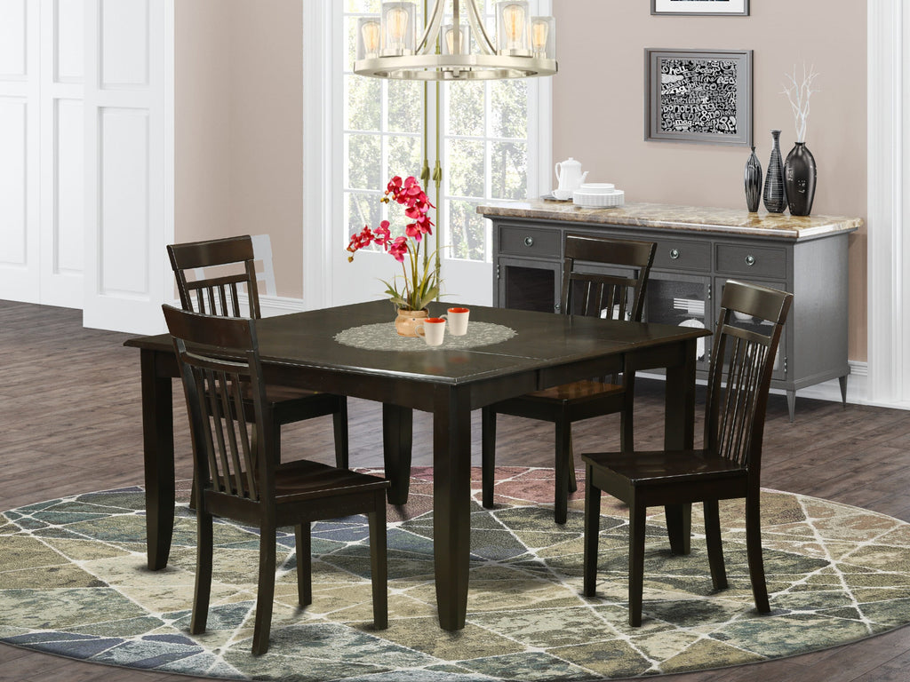 PFCA5-9BE-6 5 Piece Square Dining Ensemble with Expandable Table and 4 Dining Chairs, Cappuccino Finish, 54x54 Inch