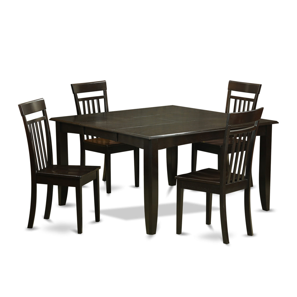 PFCA5-9BE-6 5 Piece Square Dining Ensemble with Expandable Table and 4 Dining Chairs, Cappuccino Finish, 54x54 Inch