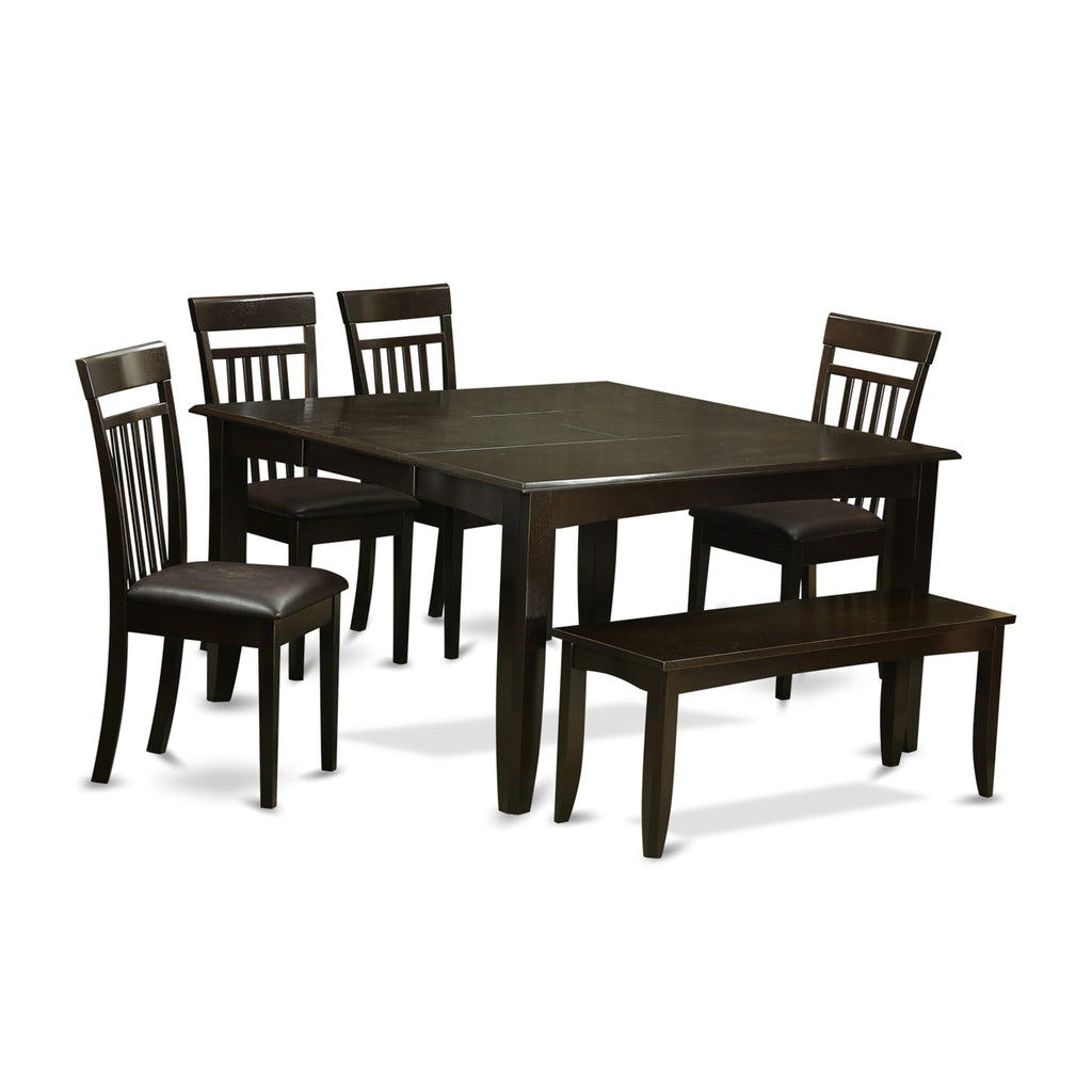 PFCA6-YRV-8V Dining Ensemble with Square Expandable Table, Faux Leather Seating, and Bench, 54 Cappuccino