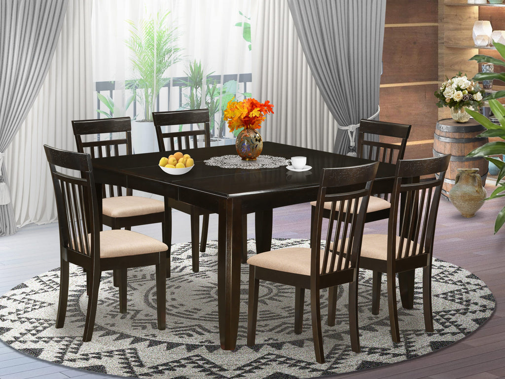 PFCA7-TN1-L 7-Piece Dining Set with Square Expandable Wooden Table and Linen Chairs, 54x54, Cappuccino