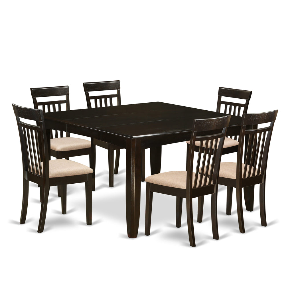 PFCA7-TN1-L 7-Piece Dining Set with Square Expandable Wooden Table and Linen Chairs, 54x54, Cappuccino