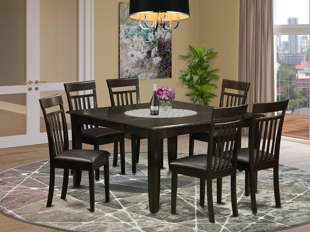 PFCA7-6LE-G6 7 Pc Dining Set with Expandable Square Wood Table & 6 Leather Look Chairs in Rich Espresso