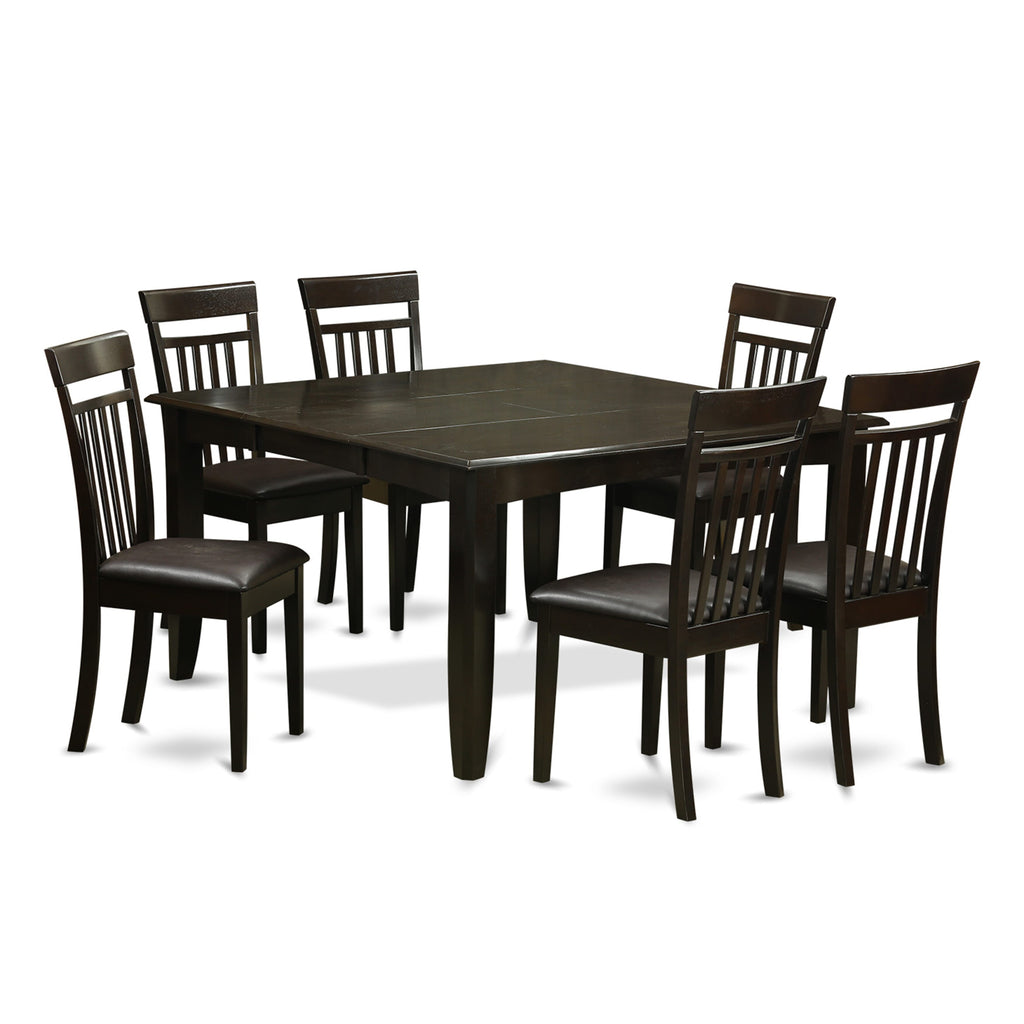 PFCA7-6LE-G6 7 Pc Dining Set with Expandable Square Wood Table & 6 Leather Look Chairs in Rich Espresso