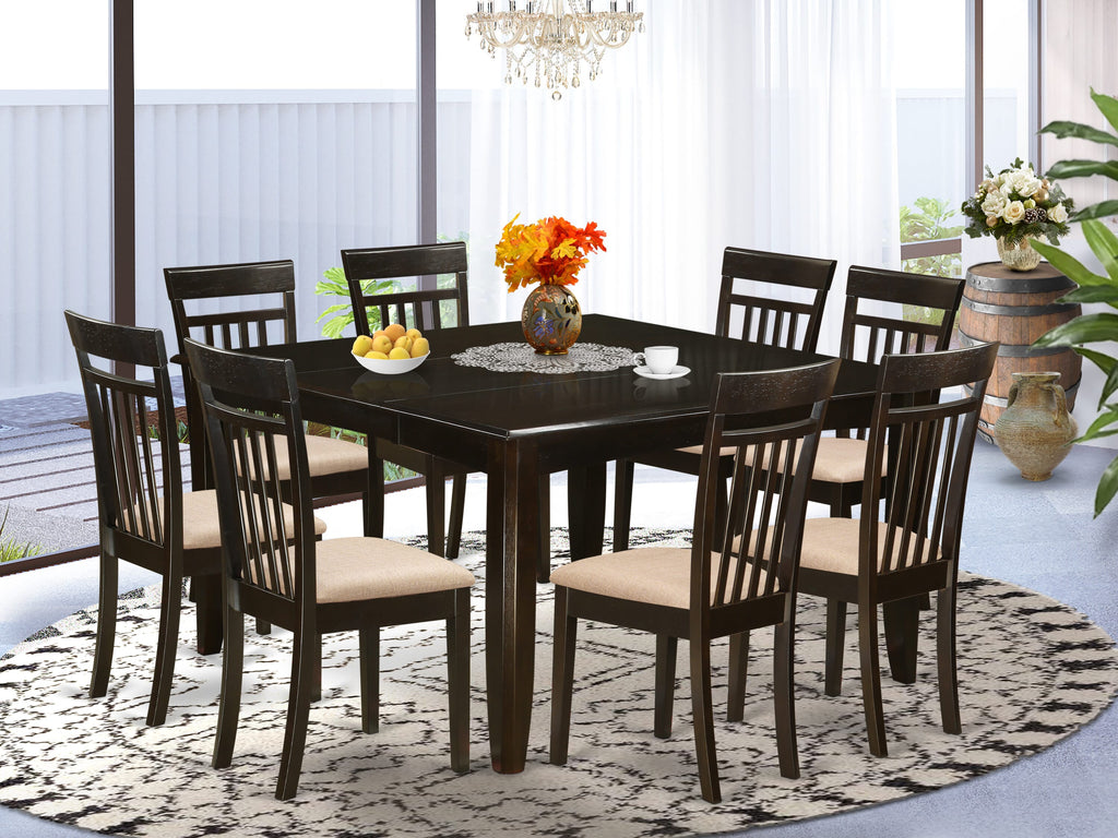 PFCA9-GJG-H 9-Piece Dining Set with Expandable Square Table & 8 Linen Chairs - Cappuccino Finish