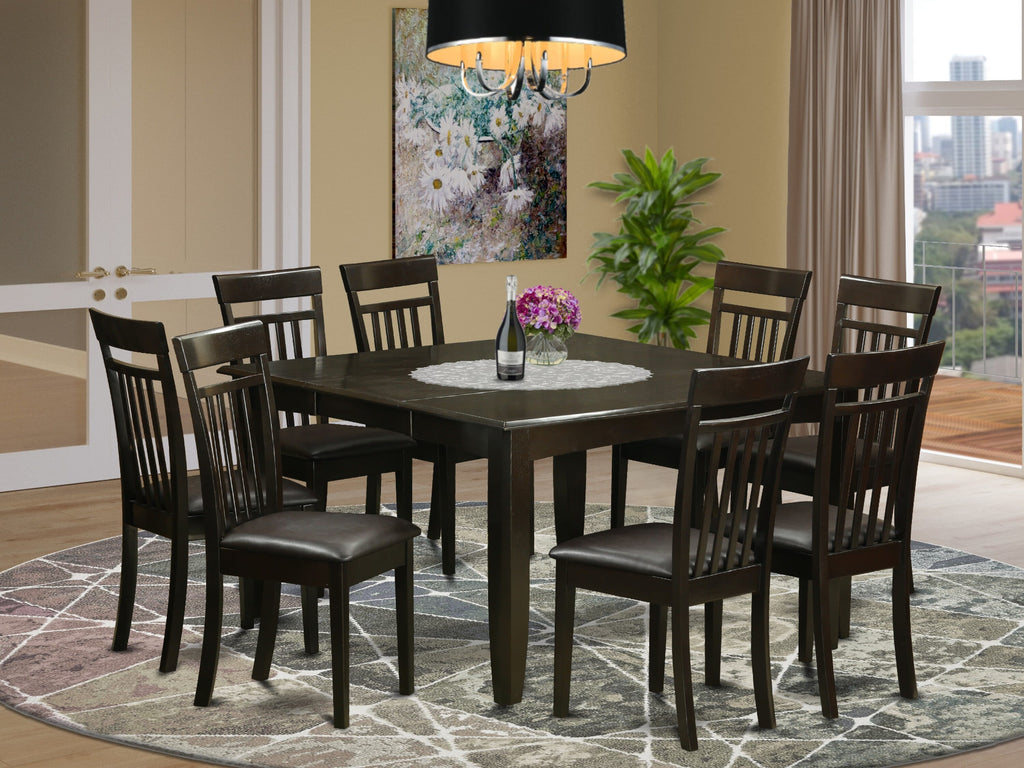 PFCA9-3GX-6I Elegant 9-Piece Dining Set with Expanding Square Table and Luxe Faux Leather Chairs, 54x54 Cappuccino