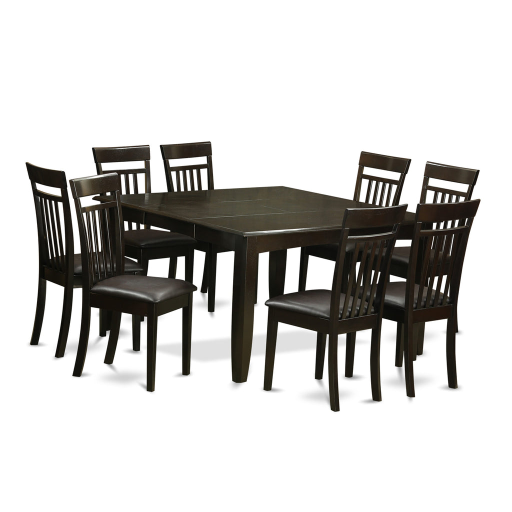 PFCA9-3GX-6I Elegant 9-Piece Dining Set with Expanding Square Table and Luxe Faux Leather Chairs, 54x54 Cappuccino