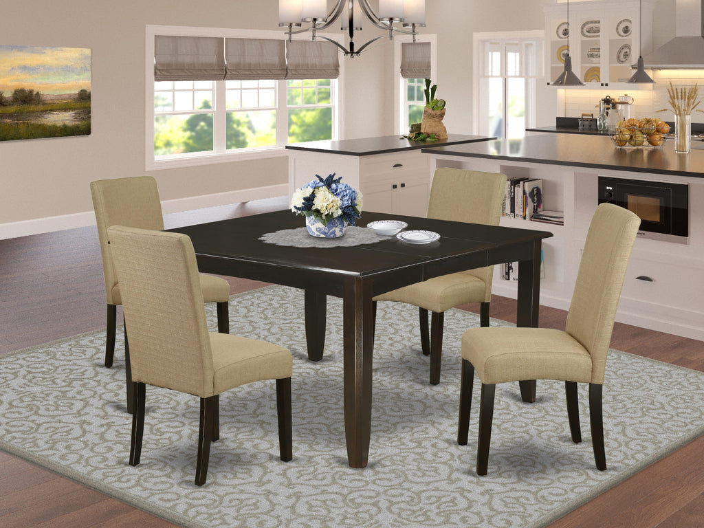 PFDR5-L4H-GW Blissful Dining Ensemble Square Table with Leaf and 4 Linen Parson Chairs
