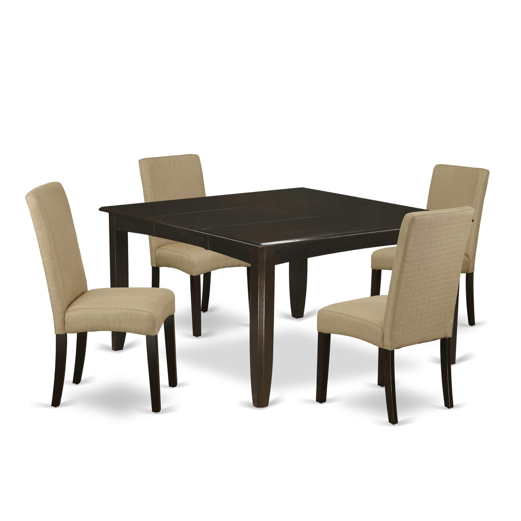 PFDR5-L4H-GW Blissful Dining Ensemble Square Table with Leaf and 4 Linen Parson Chairs