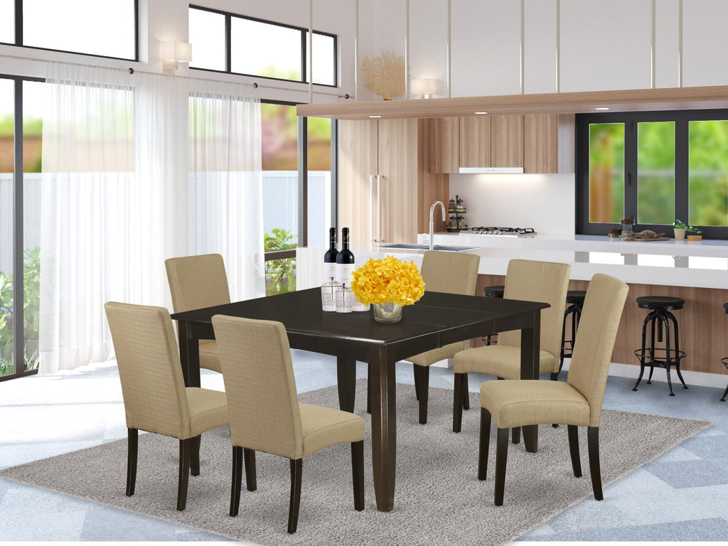 PFDR7-6VF-PH 7-Piece Dining Set with Square Table, Butterfly Leaf & 6 Brown Fabric Chairs, Cappuccino