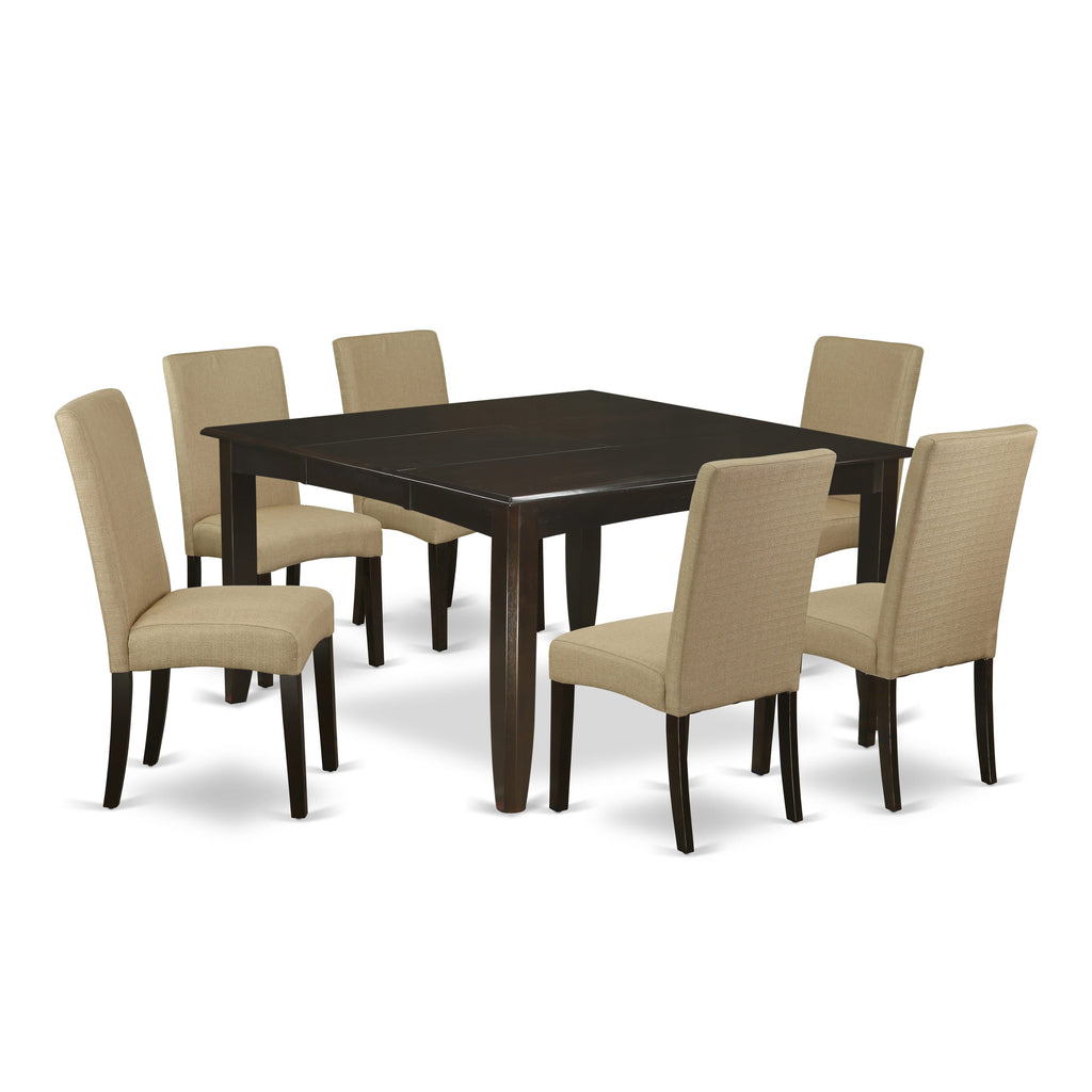 PFDR7-6VF-PH 7-Piece Dining Set with Square Table, Butterfly Leaf & 6 Brown Fabric Chairs, Cappuccino