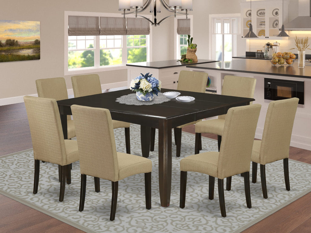 PFDR9-I4D-PK 9-Piece Dining Ensemble Enhanced Square Table with Leaf & 8 Stylish Upholstered Chairs, Rich Cappuccino Finish