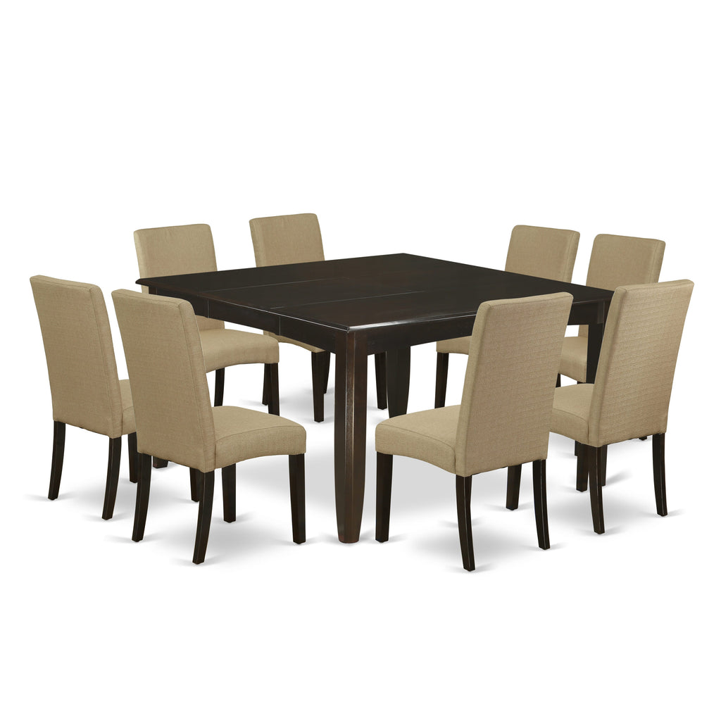 PFDR9-I4D-PK 9-Piece Dining Ensemble Enhanced Square Table with Leaf & 8 Stylish Upholstered Chairs, Rich Cappuccino Finish