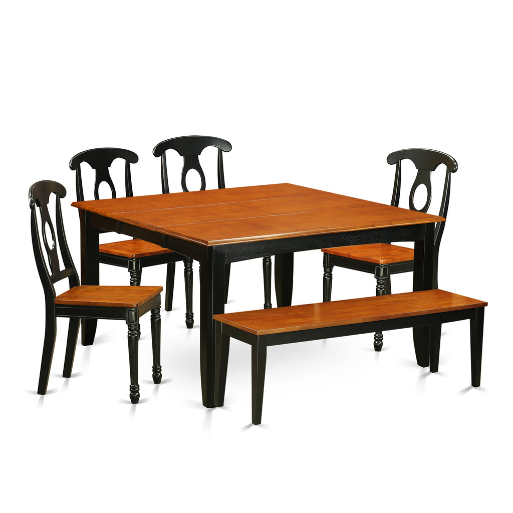 PFKE6-63F-I 6-Piece Square Dining Set with Extendable Table, Four Chairs, and Bench in Elegant Black & Cherry, 54x54 Inches