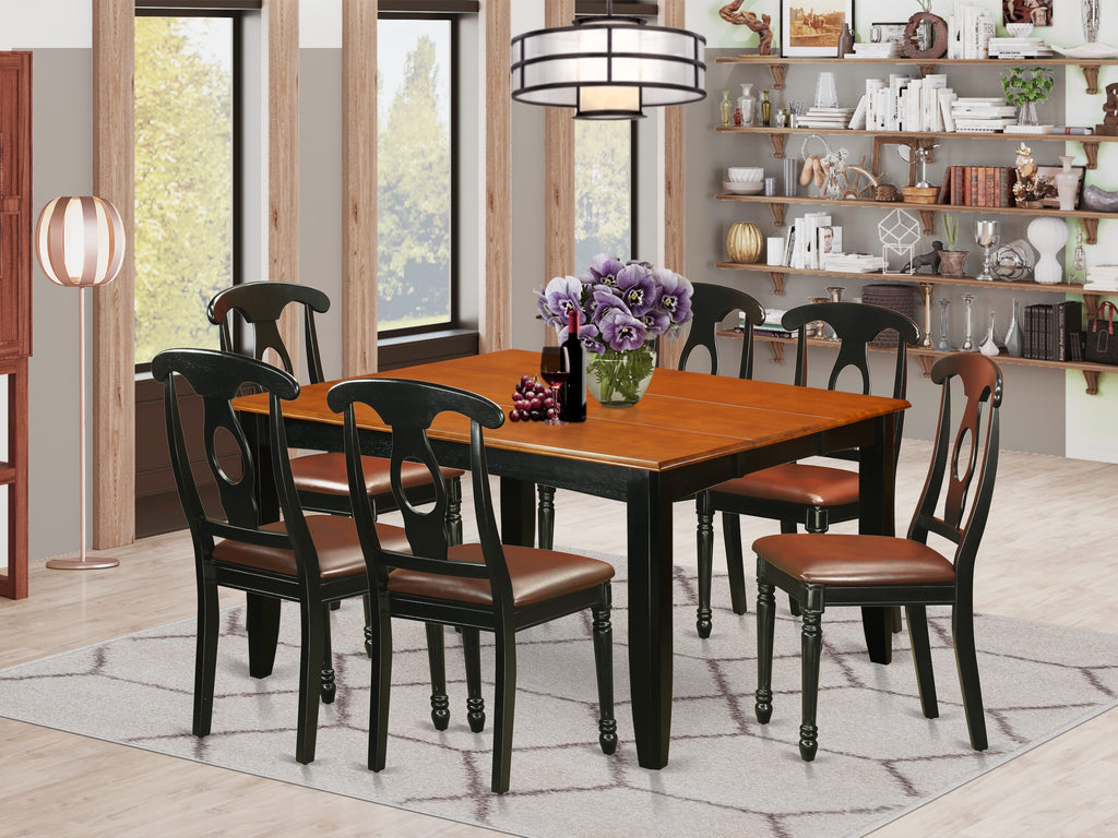 PFKE7-8L2-RB Elegant 7 Piece Dining Ensemble with Expanding Table, Square Top and 6 Sleek Faux Leather Chairs, Cherry & Ebony Hues