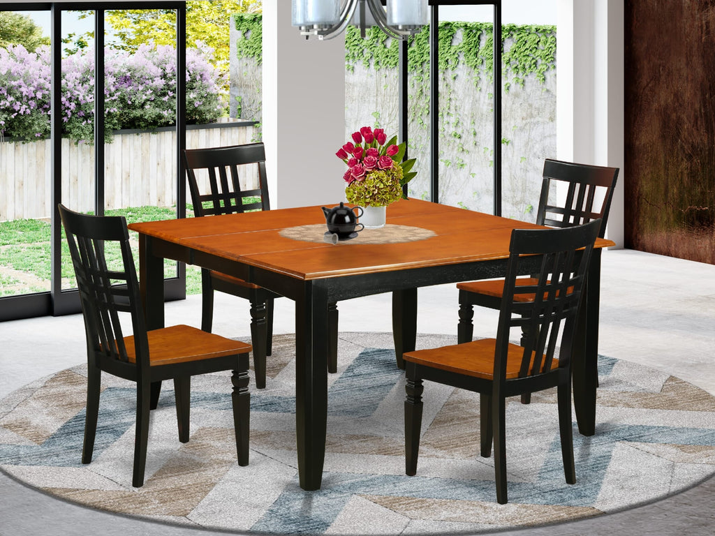 PFLG5-19S-F Dining Ensemble Square Table with Leaf Extension & 4 Chairs, Black & Cherry, 54x54