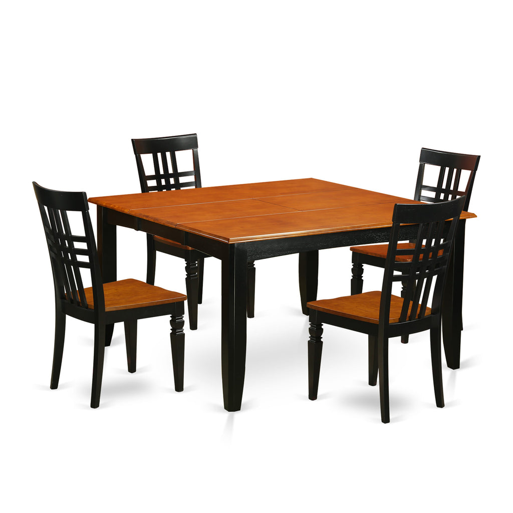 PFLG5-19S-F Dining Ensemble Square Table with Leaf Extension & 4 Chairs, Black & Cherry, 54x54