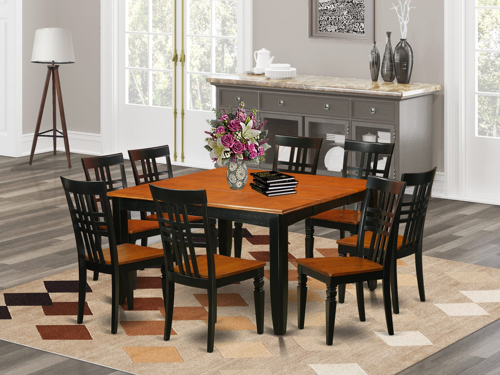 PFLG9-N0Q-Q 9-Piece Dining Ensemble Butterfly Leaf Square Table with 8 Chairs, 54x54 Style, Black & Cherry