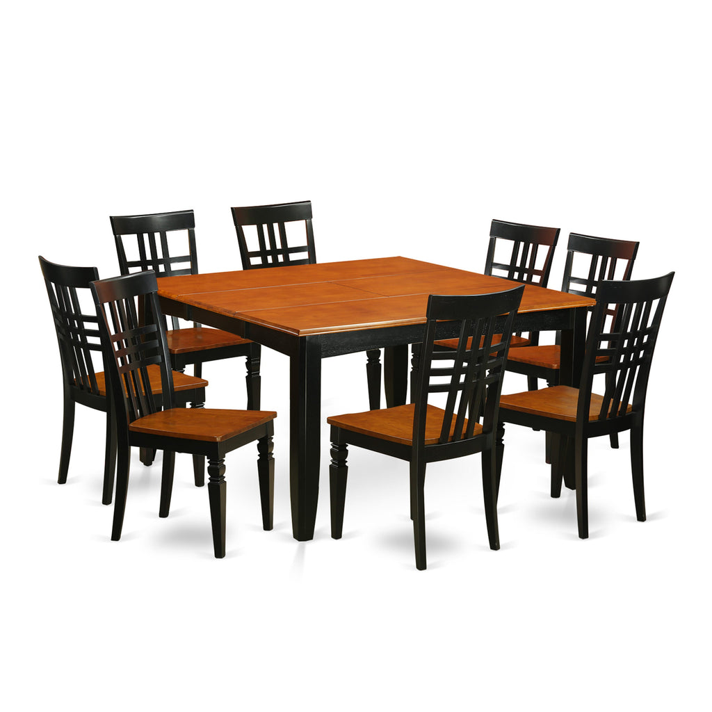 PFLG9-N0Q-Q 9-Piece Dining Ensemble Butterfly Leaf Square Table with 8 Chairs, 54x54 Style, Black & Cherry