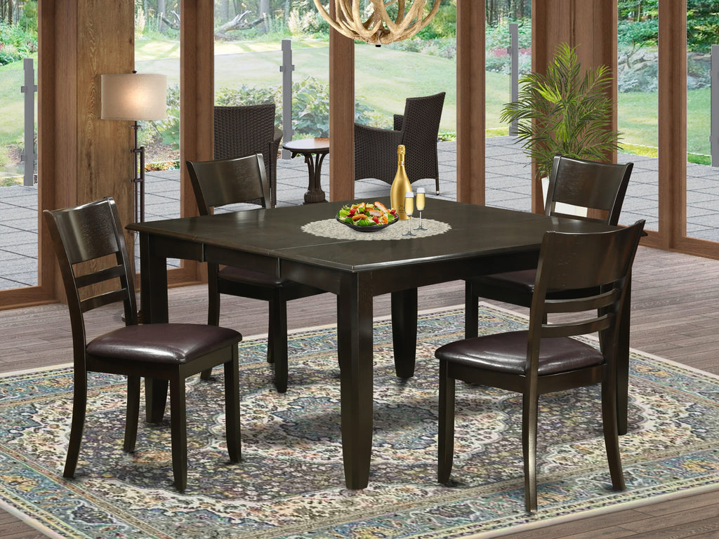 PFLY5-XDV-G1 5-Piece Cappuccino Dining Ensemble Square Expanding Table & 4 Faux Leather Chairs