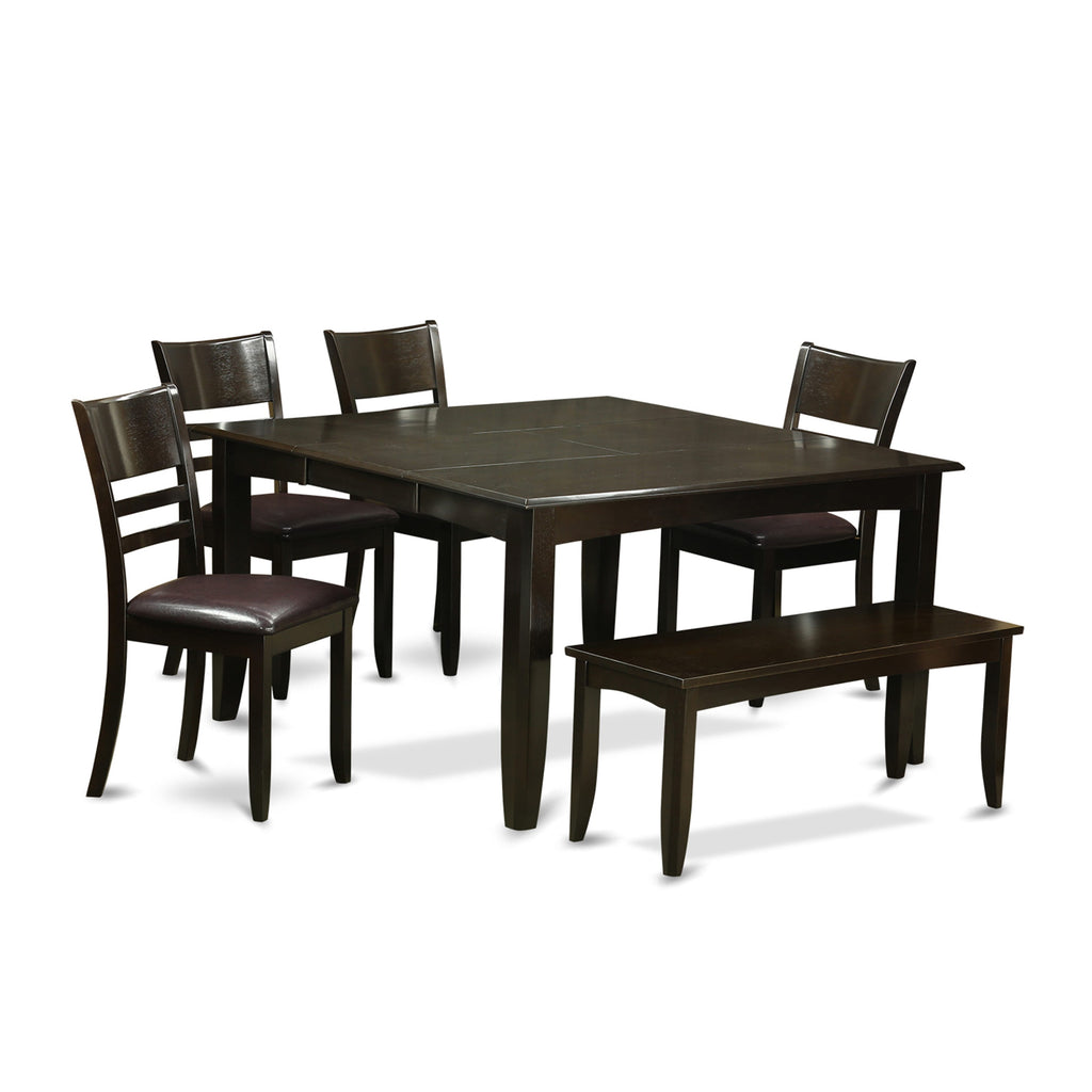 Dining Ensemble PFLY6-FKW-HG 6-Piece Set with Expandable Square Table, Chairs & Bench in Deep Cappuccino Elegance