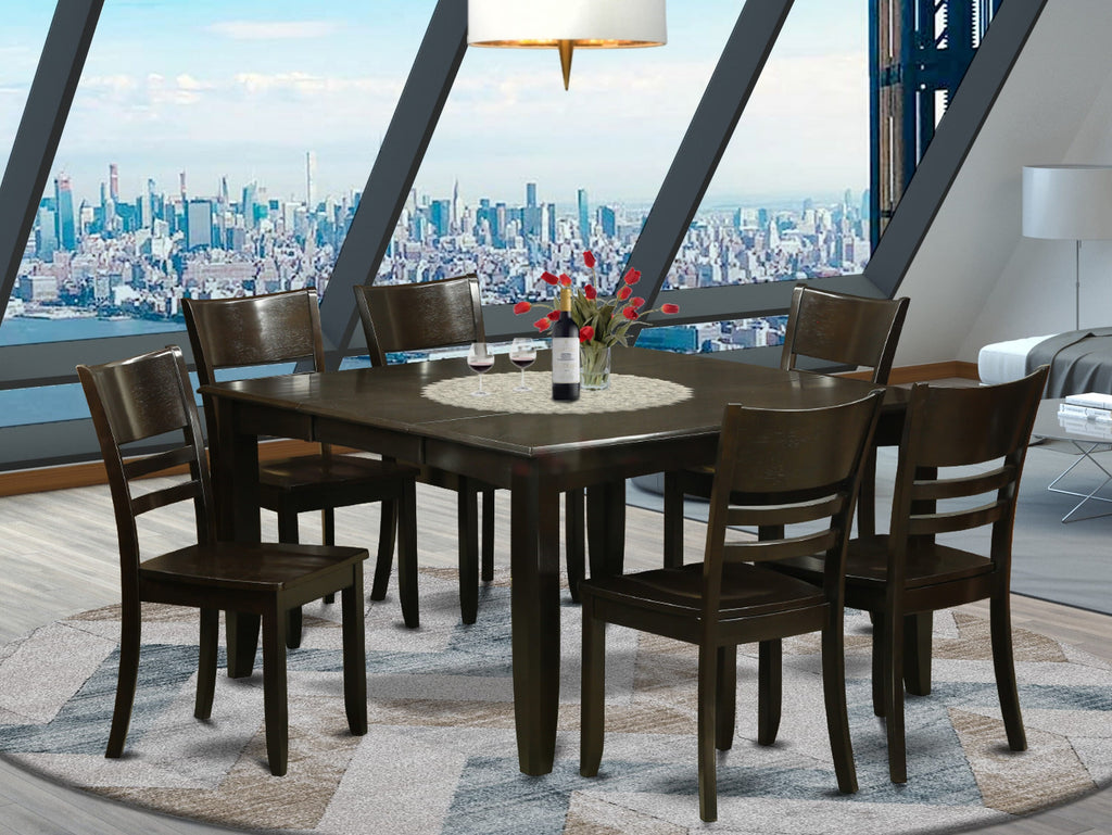 PFLY7-LYU-I 7-Piece Dining Suite with Extension Top and 6 Wood Chairs, 54 Square, Cappuccino Tint