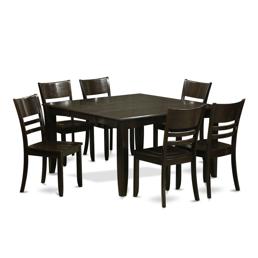 PFLY7-LYU-I 7-Piece Dining Suite with Extension Top and 6 Wood Chairs, 54 Square, Cappuccino Tint