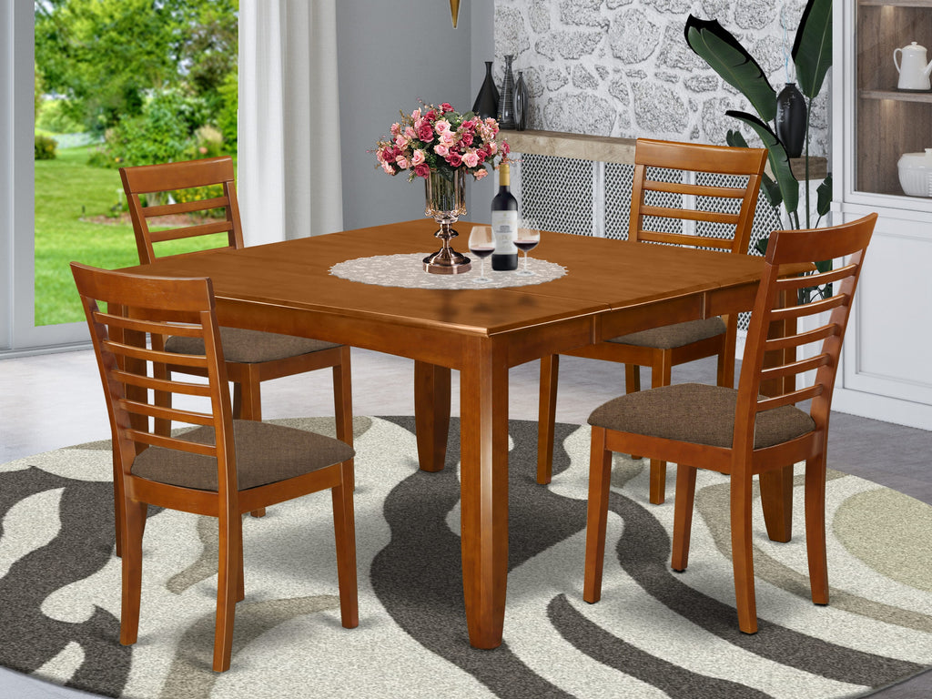 PFML5-ETY-5 5-Piece Dining Ensemble Square Table with Expandable Leaf & Upholstered Chairs, 54x54, Warm Brown