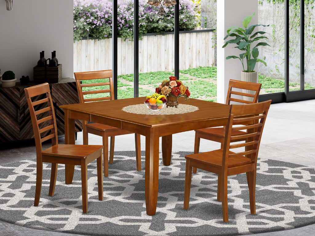 PFML5-O7V-L 5-Piece Set - Dining Table With Expandable Leaf and 4 Chairs, Saddle Brown, 54 Square