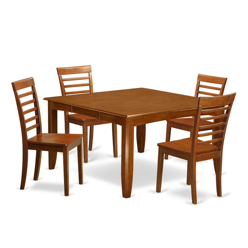 PFML5-O7V-L 5-Piece Set - Dining Table With Expandable Leaf and 4 Chairs, Saddle Brown, 54 Square