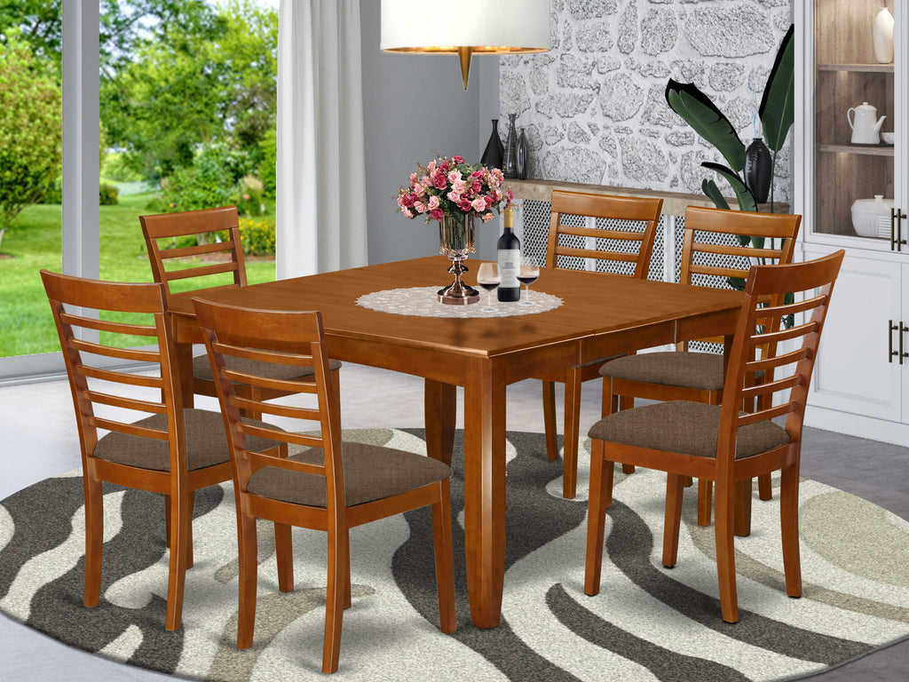 PFML7-02Q-O 7-Piece Dining Set Square Table with Extension Leaf and 6 Linen Upholstered Chairs, Saddle Tone