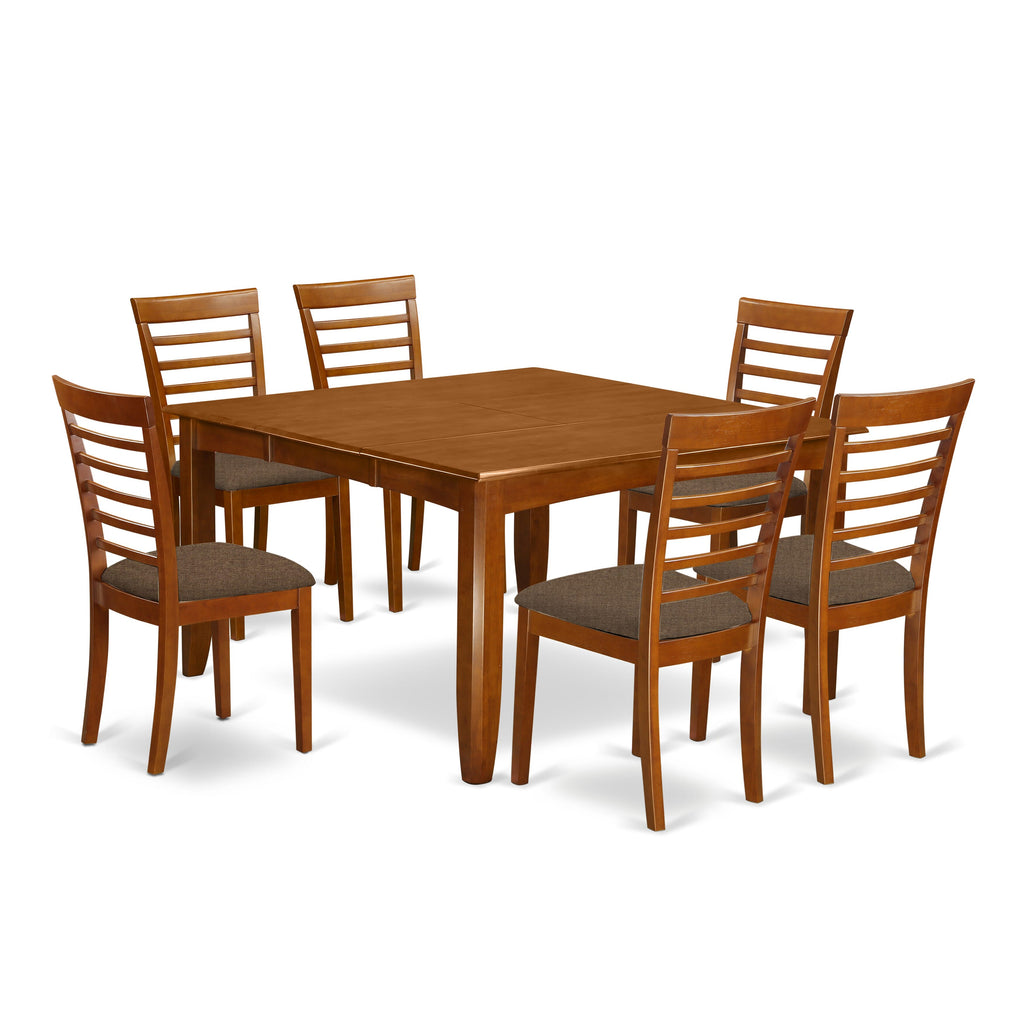 PFML7-02Q-O 7-Piece Dining Set Square Table with Extension Leaf and 6 Linen Upholstered Chairs, Saddle Tone