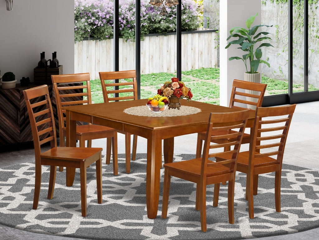 PFML7-S7M-R 7-Piece Dining Room Ensemble with Expanding Square Table & Six Chairs, 54x54in, Saddle Brown
